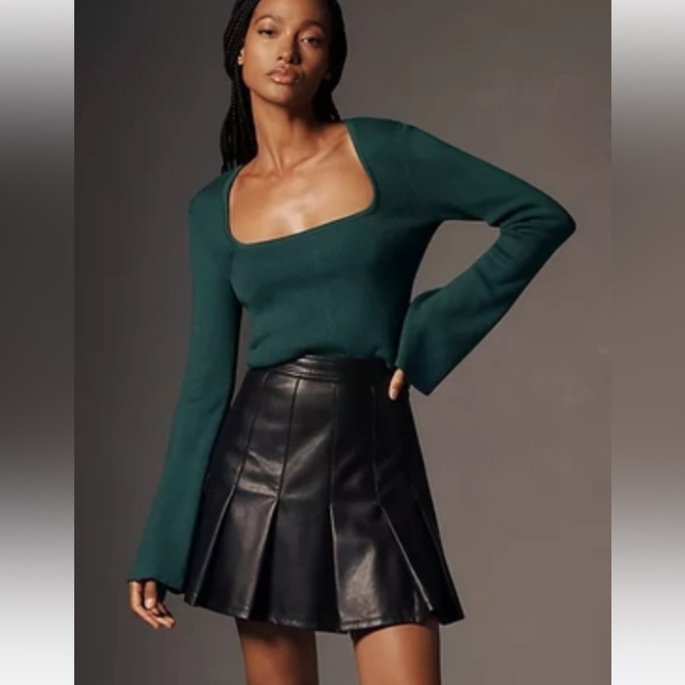 Anthropologie Maeve Green Square Neck Bell Sleeve Sweater